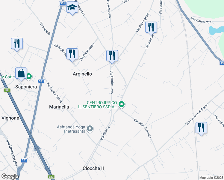 map of restaurants, bars, coffee shops, grocery stores, and more near 102 Via Pontenuovo in Provincia di Lucca