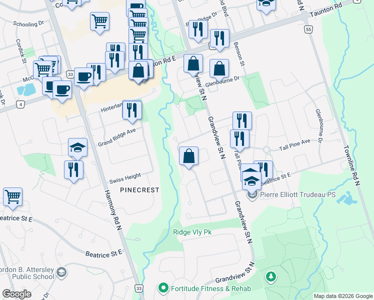 map of restaurants, bars, coffee shops, grocery stores, and more near 1143 Timberland Crescent in Oshawa