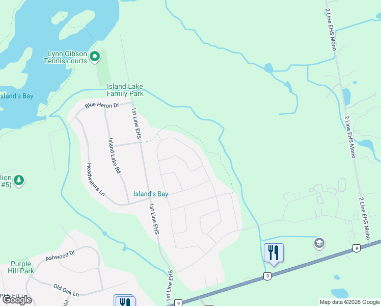 map of restaurants, bars, coffee shops, grocery stores, and more near 53 Meek Avenue in Orangeville