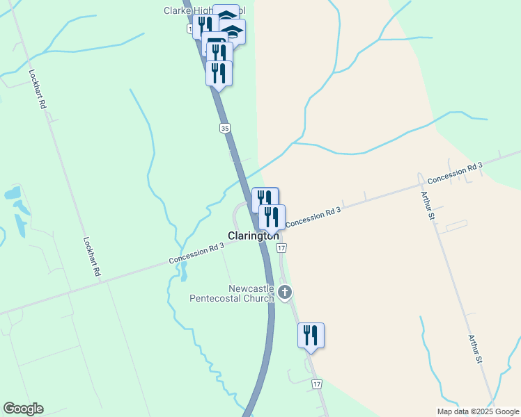 map of restaurants, bars, coffee shops, grocery stores, and more near 3005 Ontario 35 in Newcastle