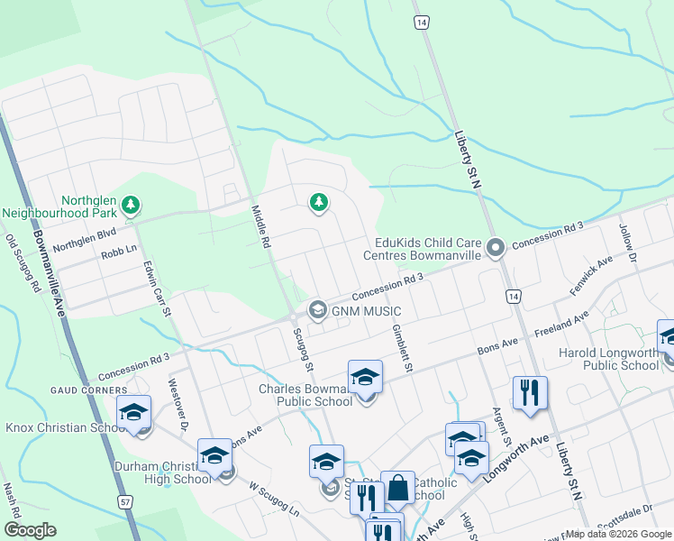 map of restaurants, bars, coffee shops, grocery stores, and more near 8 Bill Hutchinson Crescent in Bowmanville