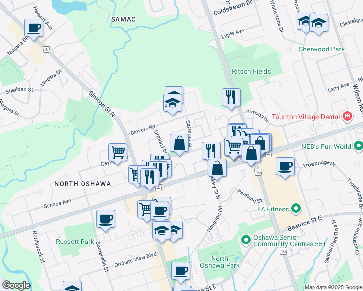 map of restaurants, bars, coffee shops, grocery stores, and more near 1398 Tampa Crescent in Oshawa