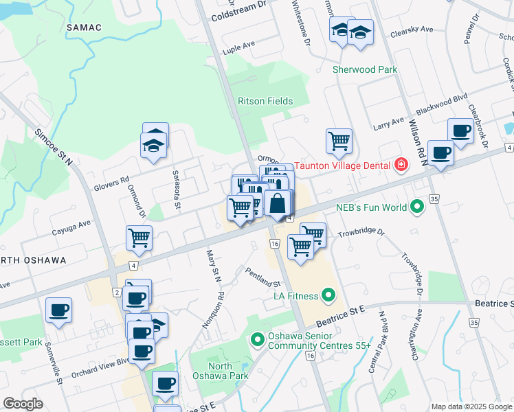 map of restaurants, bars, coffee shops, grocery stores, and more near 250 Taunton Road East in Oshawa