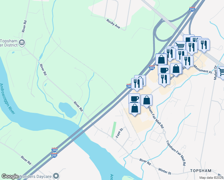 map of restaurants, bars, coffee shops, grocery stores, and more near 26 Bentwood Bluff in Topsham