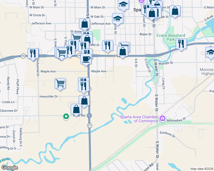 map of restaurants, bars, coffee shops, grocery stores, and more near 731 Stelting Street in Sparta
