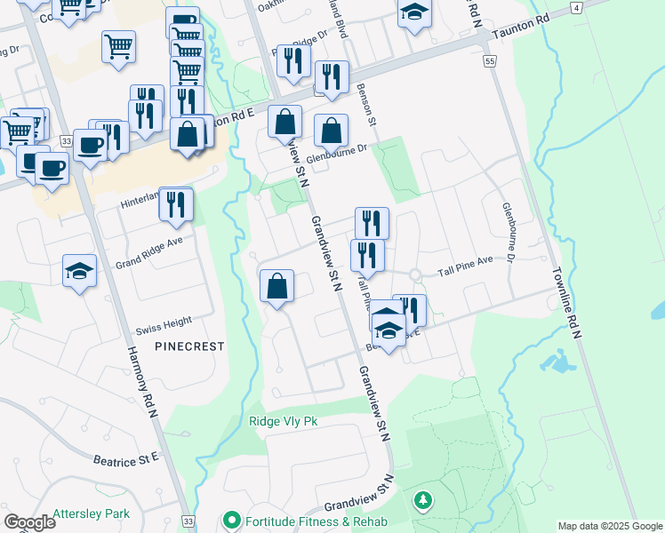 map of restaurants, bars, coffee shops, grocery stores, and more near 1225 Grandview Street North in Oshawa
