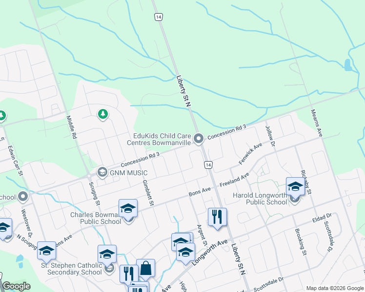 map of restaurants, bars, coffee shops, grocery stores, and more near 2955 Concession Road 3 in Bowmanville