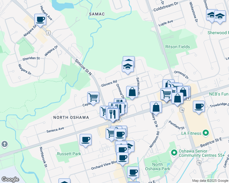 map of restaurants, bars, coffee shops, grocery stores, and more near 1471 Largo Crescent in Oshawa