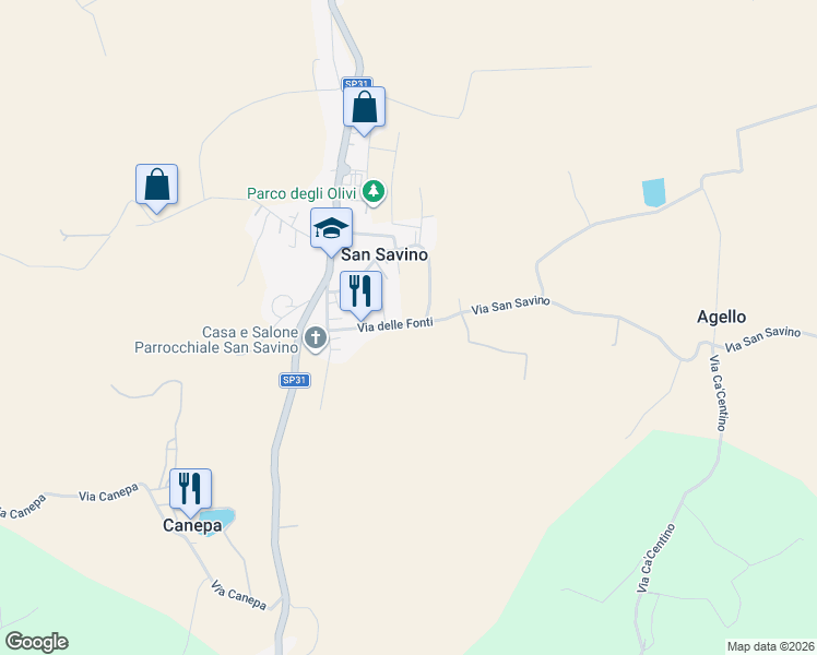 map of restaurants, bars, coffee shops, grocery stores, and more near 540 Via Romagna in San Savino