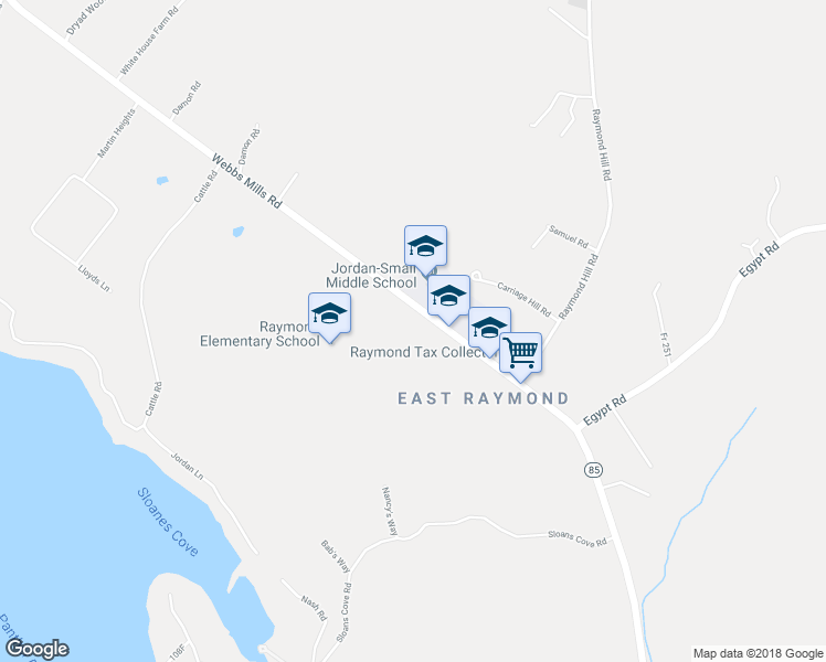 map of restaurants, bars, coffee shops, grocery stores, and more near 422 Webbs Mills Road in Raymond