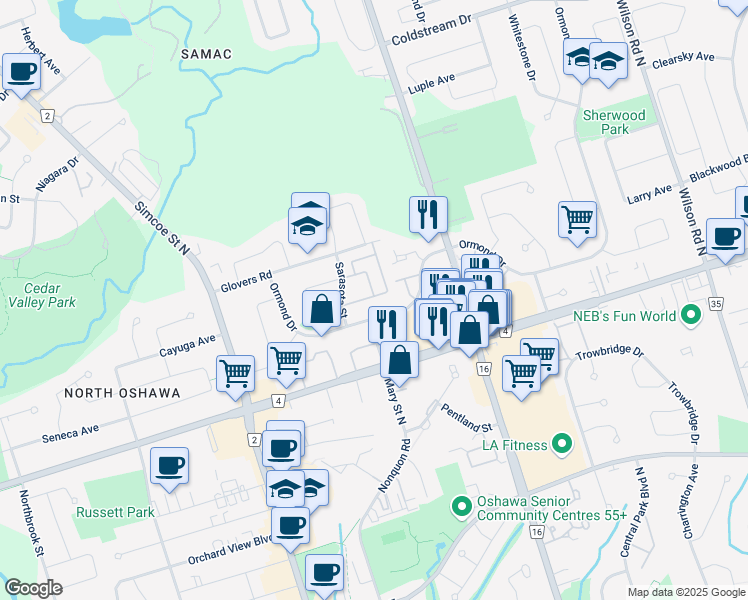 map of restaurants, bars, coffee shops, grocery stores, and more near 50 55 East Beaver Creek Road in Oshawa