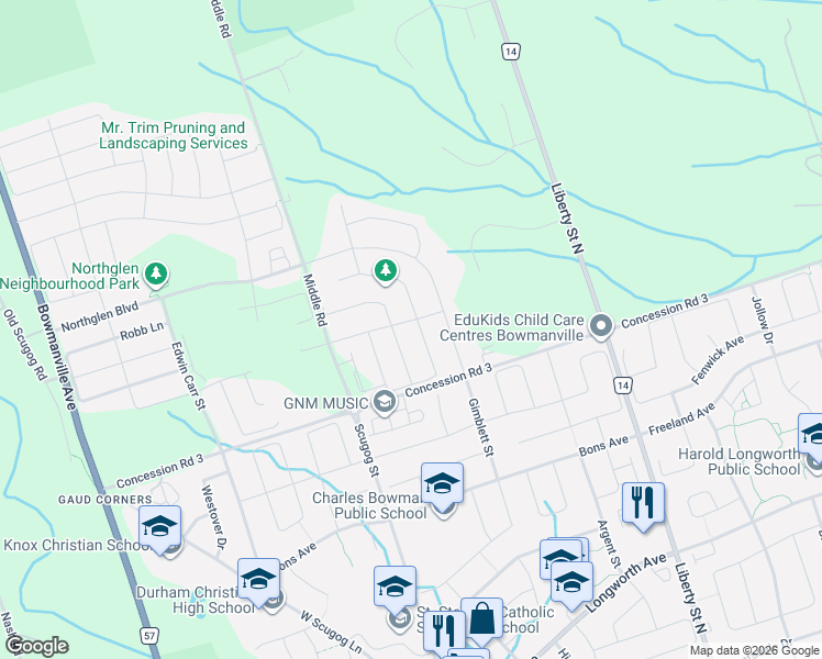 map of restaurants, bars, coffee shops, grocery stores, and more near 215 Ronald Hooper Avenue in Clarington
