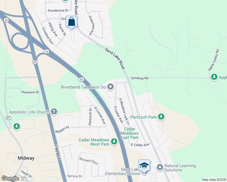 map of restaurants, bars, coffee shops, grocery stores, and more near 2714 South Cedar Avenue in Holmen