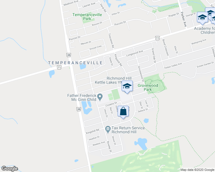 map of restaurants, bars, coffee shops, grocery stores, and more near 27 Linacre Drive in Richmond Hill