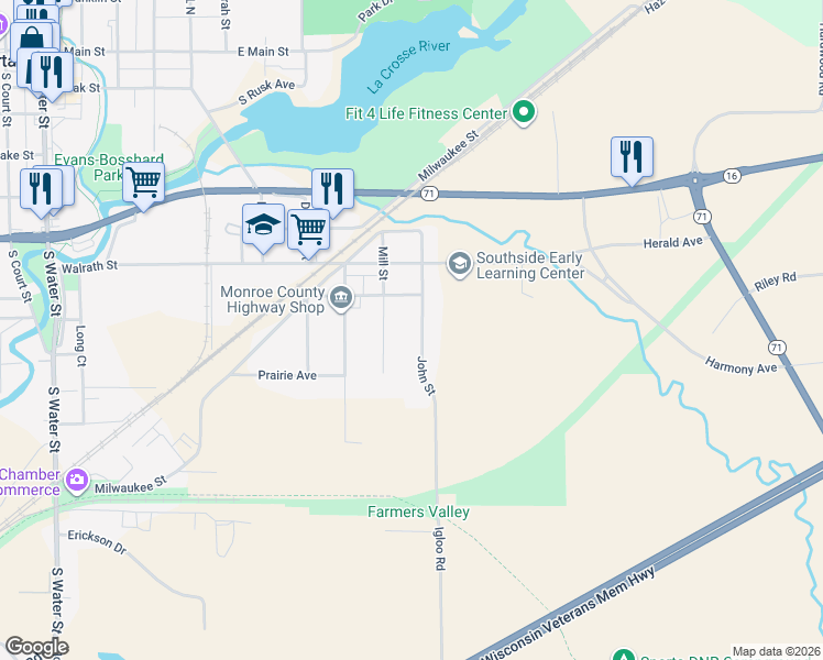 map of restaurants, bars, coffee shops, grocery stores, and more near 820 John Street in Sparta