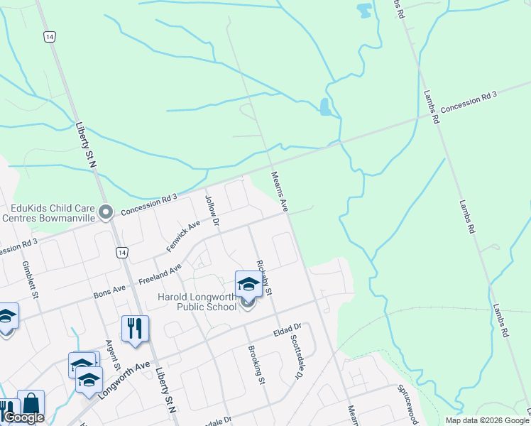 map of restaurants, bars, coffee shops, grocery stores, and more near 106 Freeland Avenue in Bowmanville