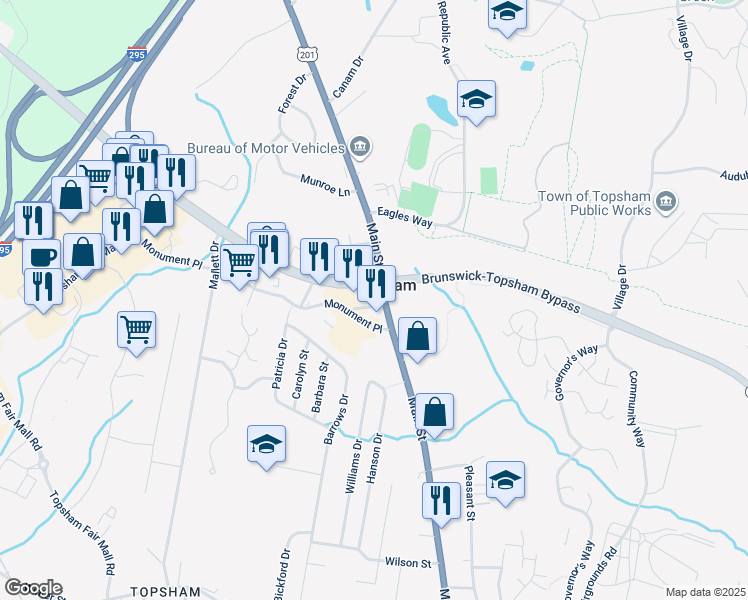 map of restaurants, bars, coffee shops, grocery stores, and more near 7 Second Street in Topsham