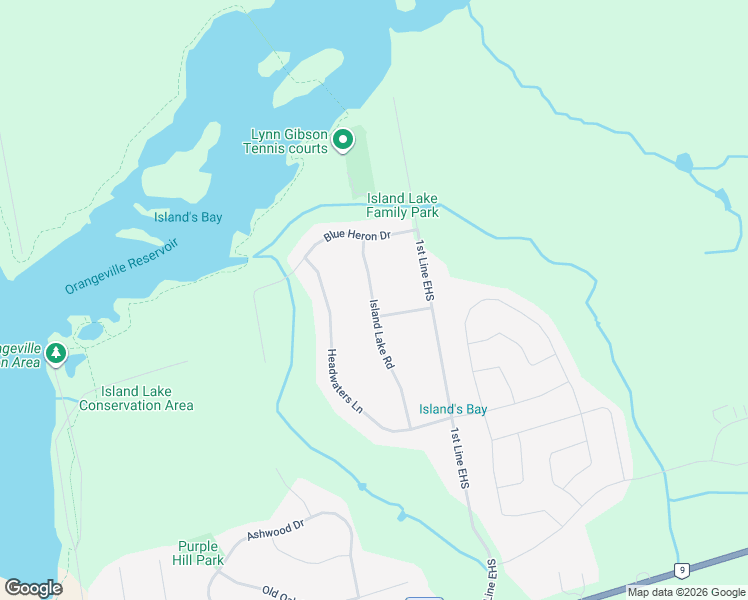 map of restaurants, bars, coffee shops, grocery stores, and more near 9 Island Lake Road in Orangeville