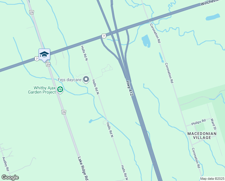 map of restaurants, bars, coffee shops, grocery stores, and more near 5785 Halls Road North in Whitby