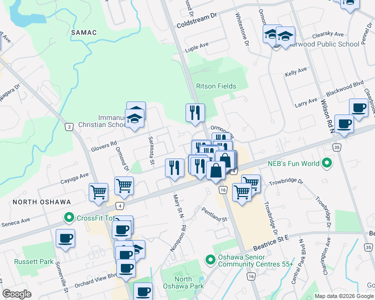 map of restaurants, bars, coffee shops, grocery stores, and more near 220 Ormond Drive in Oshawa