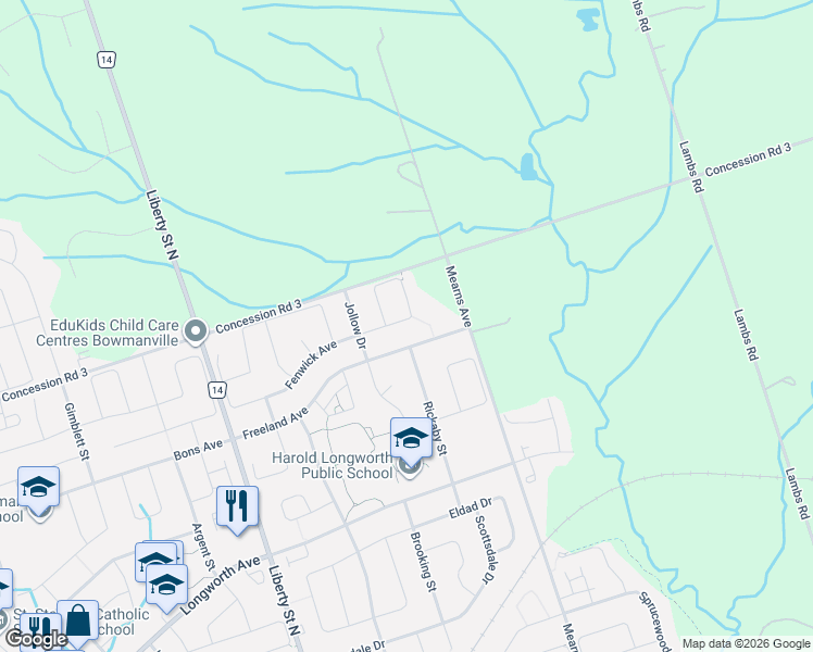 map of restaurants, bars, coffee shops, grocery stores, and more near 31 Champine Square in Clarington
