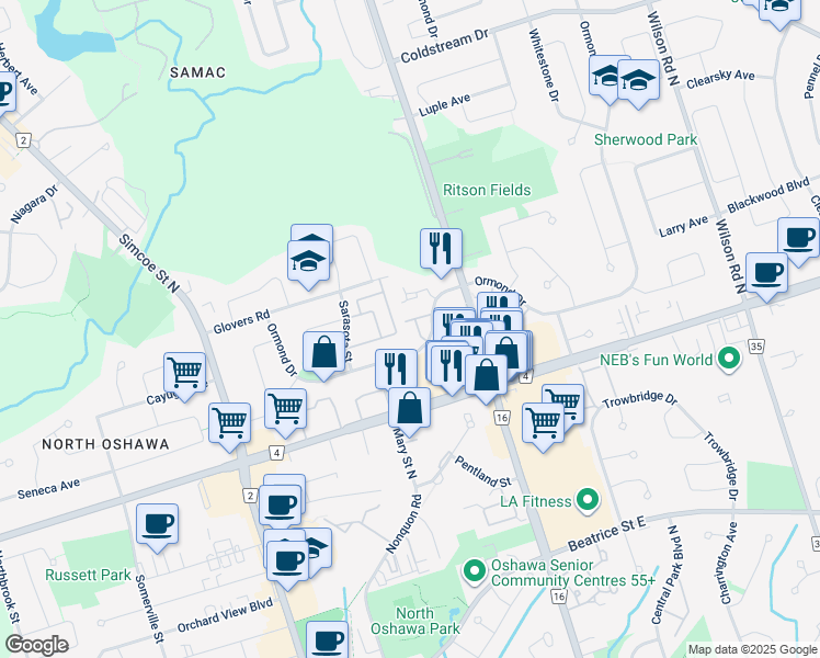 map of restaurants, bars, coffee shops, grocery stores, and more near in Oshawa