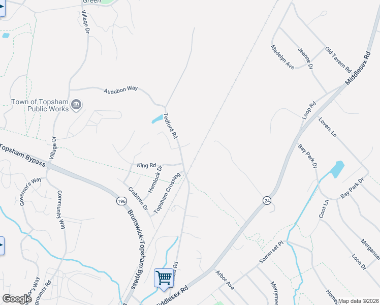 map of restaurants, bars, coffee shops, grocery stores, and more near 129 Tedford Road in Topsham