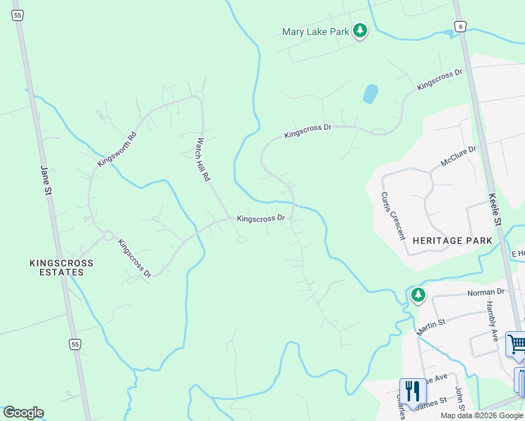 map of restaurants, bars, coffee shops, grocery stores, and more near 250 Kingscross Drive in King