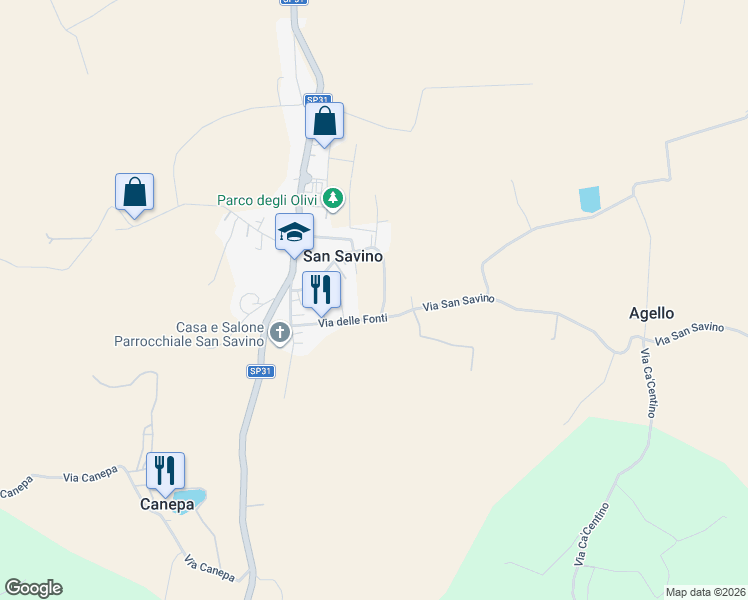 map of restaurants, bars, coffee shops, grocery stores, and more near 540 Via Romagna in San Savino