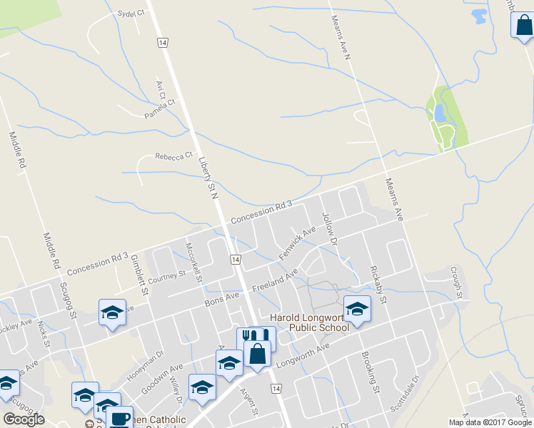 map of restaurants, bars, coffee shops, grocery stores, and more near Elford Drive in Bowmanville