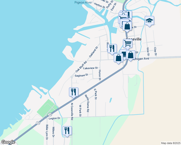 map of restaurants, bars, coffee shops, grocery stores, and more near 6876 Dormey Street in Caseville