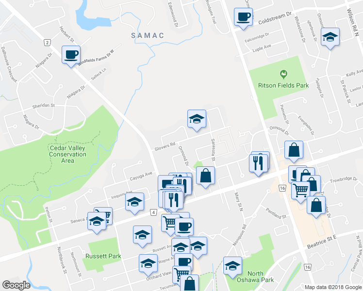 map of restaurants, bars, coffee shops, grocery stores, and more near in Oshawa