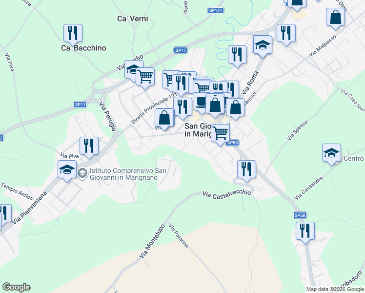 map of restaurants, bars, coffee shops, grocery stores, and more near 14B Via Fossa del Mulino in San Giovanni In Marignano