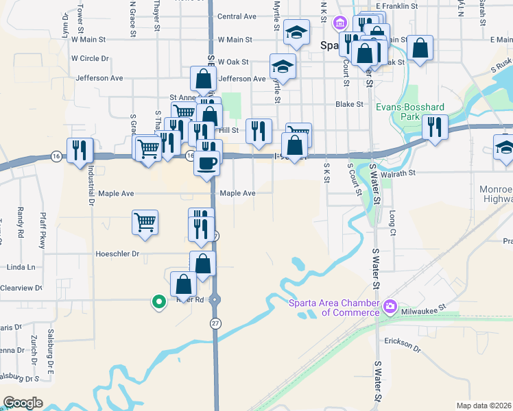 map of restaurants, bars, coffee shops, grocery stores, and more near 731 Stelting Street in Sparta