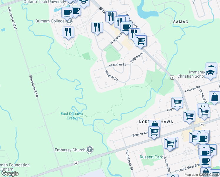 map of restaurants, bars, coffee shops, grocery stores, and more near 336 Ryerson Crescent in Oshawa