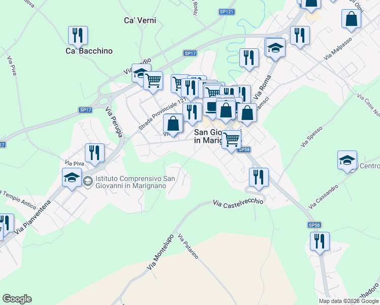 map of restaurants, bars, coffee shops, grocery stores, and more near 14B Via Fossa del Mulino in San Giovanni In Marignano
