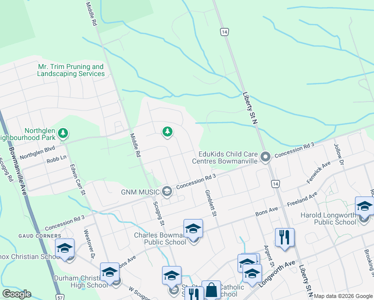 map of restaurants, bars, coffee shops, grocery stores, and more near 236 Ronald Hooper Avenue in Clarington