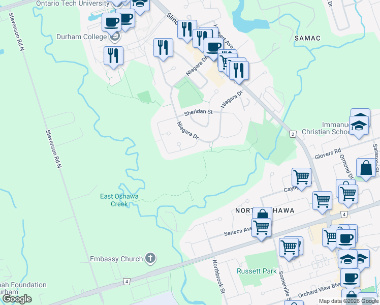 map of restaurants, bars, coffee shops, grocery stores, and more near 336 Ryerson Crescent in Oshawa