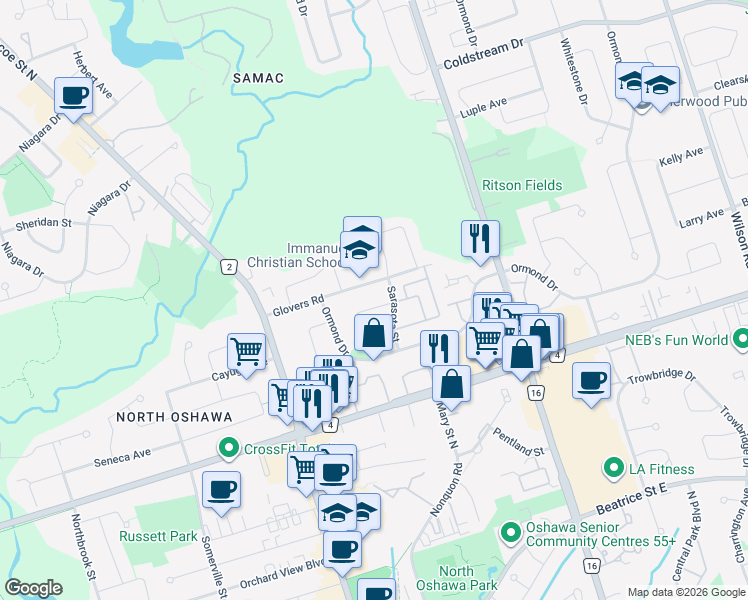 map of restaurants, bars, coffee shops, grocery stores, and more near 1480 Tampa Crescent in Oshawa