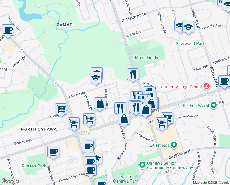 map of restaurants, bars, coffee shops, grocery stores, and more near 155 Glovers Road in Oshawa