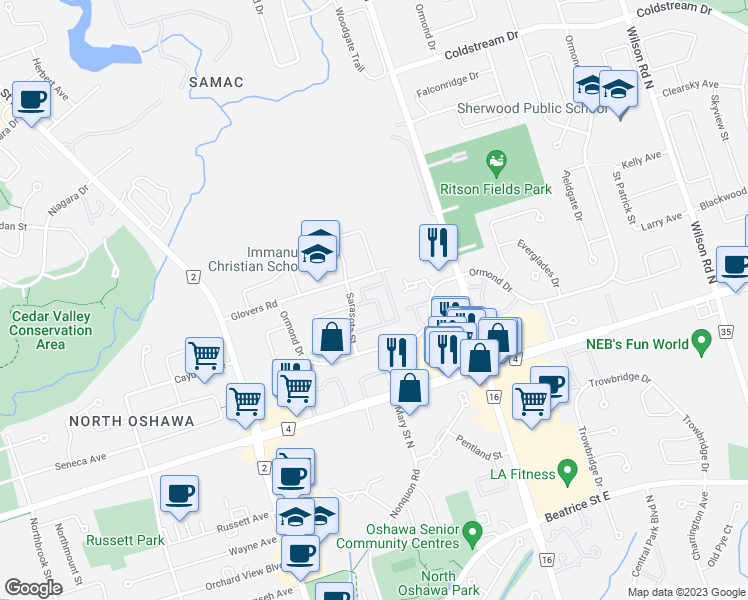 map of restaurants, bars, coffee shops, grocery stores, and more near 155 Glovers Road in Oshawa