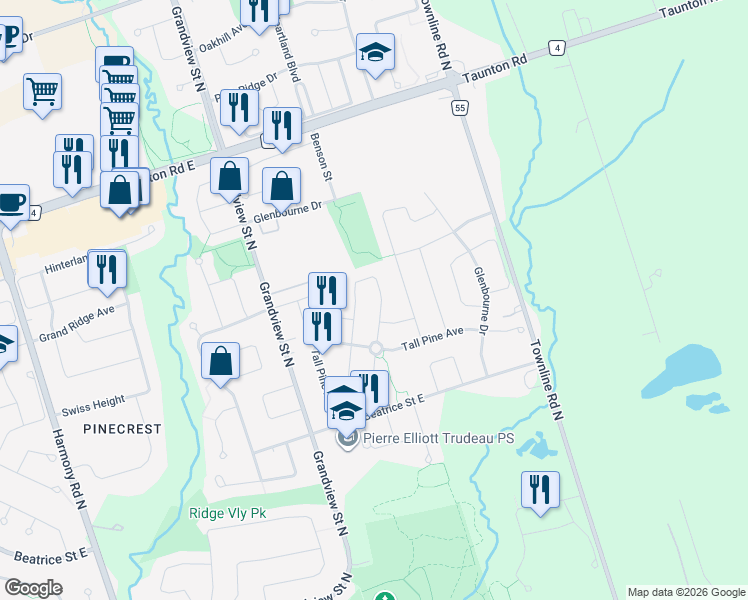 map of restaurants, bars, coffee shops, grocery stores, and more near in Oshawa