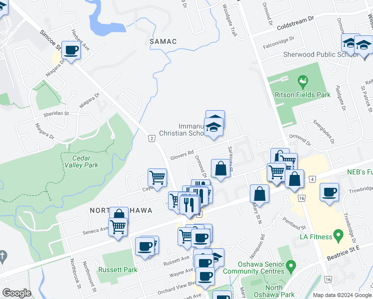 map of restaurants, bars, coffee shops, grocery stores, and more near 48 Glovers Road in Oshawa