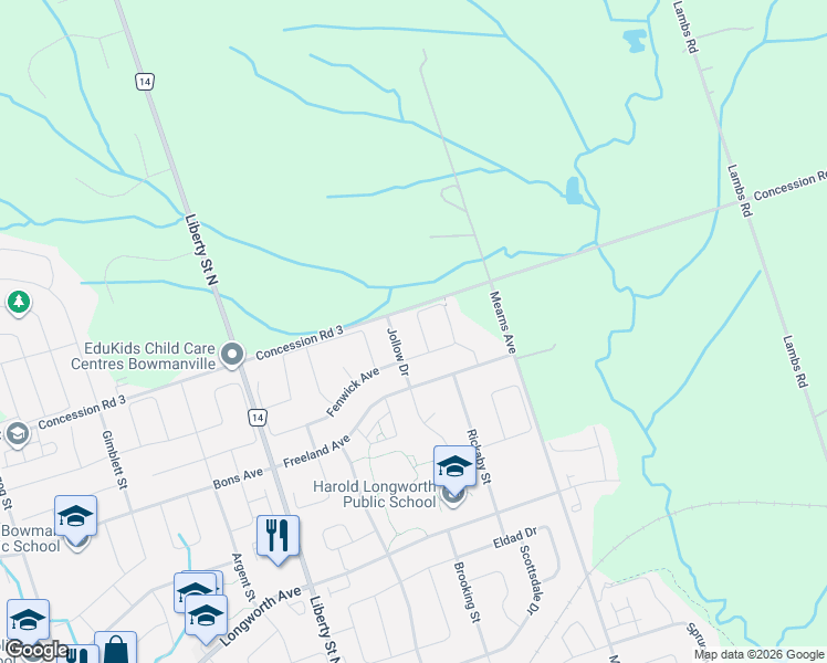 map of restaurants, bars, coffee shops, grocery stores, and more near 101 Champine Square in Clarington