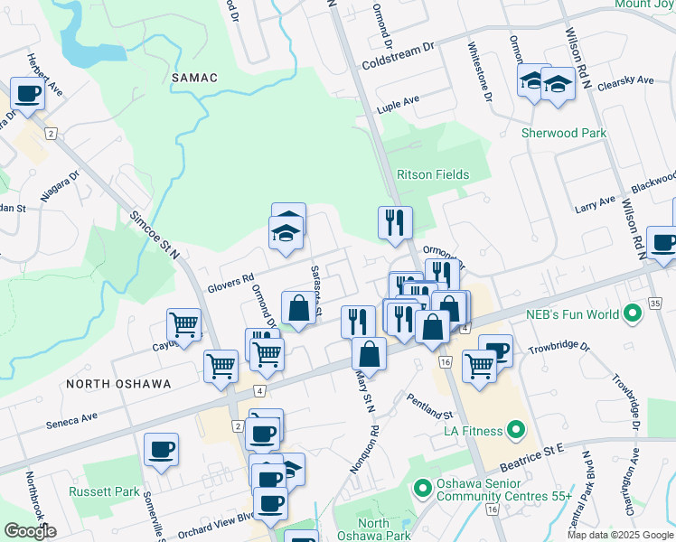 map of restaurants, bars, coffee shops, grocery stores, and more near in Oshawa