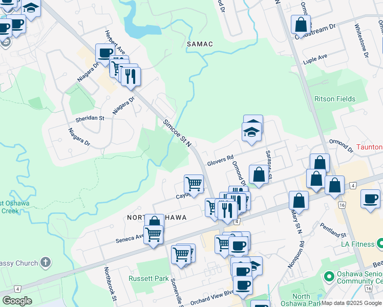 map of restaurants, bars, coffee shops, grocery stores, and more near 1561 Durham Regional Road 2 in Oshawa
