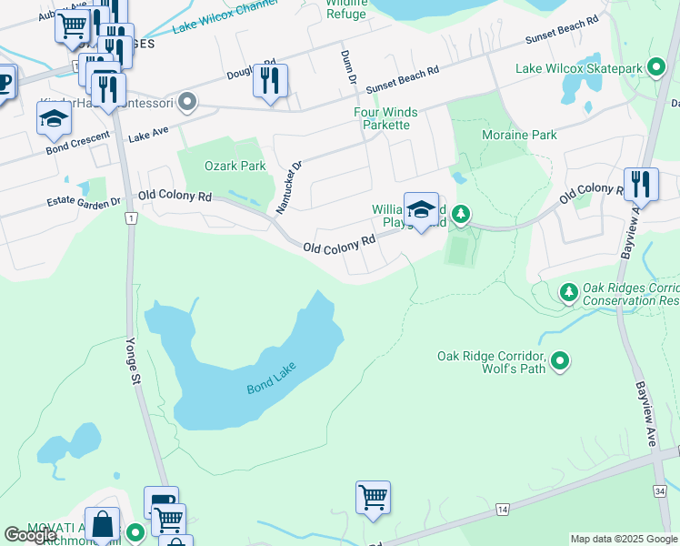 map of restaurants, bars, coffee shops, grocery stores, and more near 8 Bond Lake Park Street in Richmond Hill