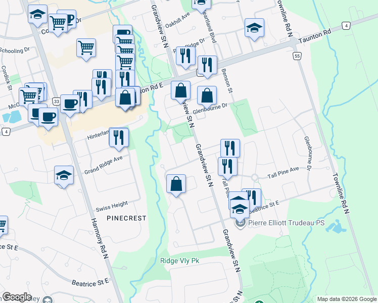 map of restaurants, bars, coffee shops, grocery stores, and more near 1173 Springbank Drive in Oshawa
