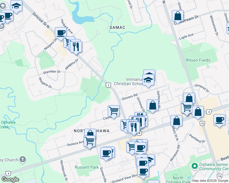 map of restaurants, bars, coffee shops, grocery stores, and more near Simcoe Street North in Oshawa