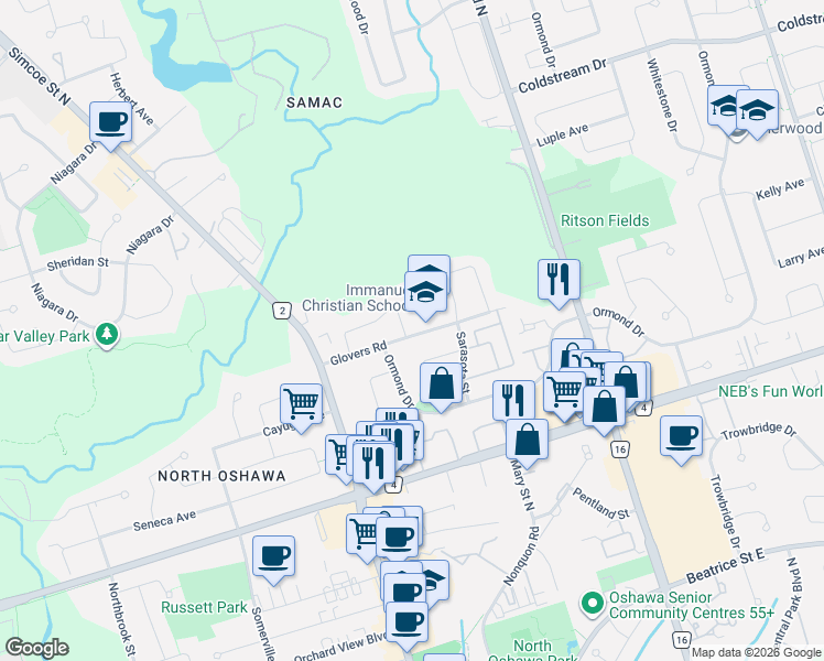 map of restaurants, bars, coffee shops, grocery stores, and more near 1614 Norwill Crescent in Oshawa